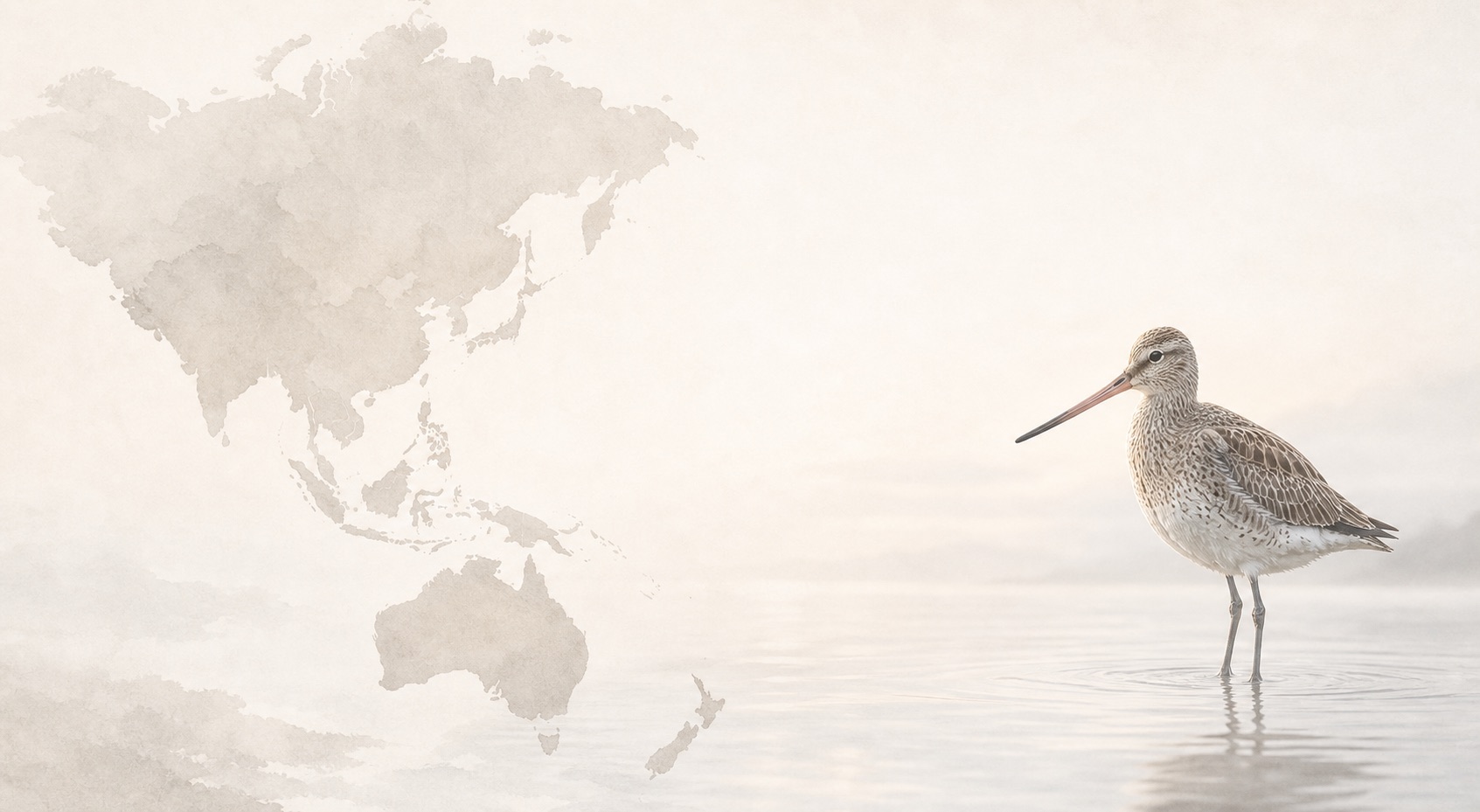 Pale Asia-Pacific map with a bar-tailed godwit